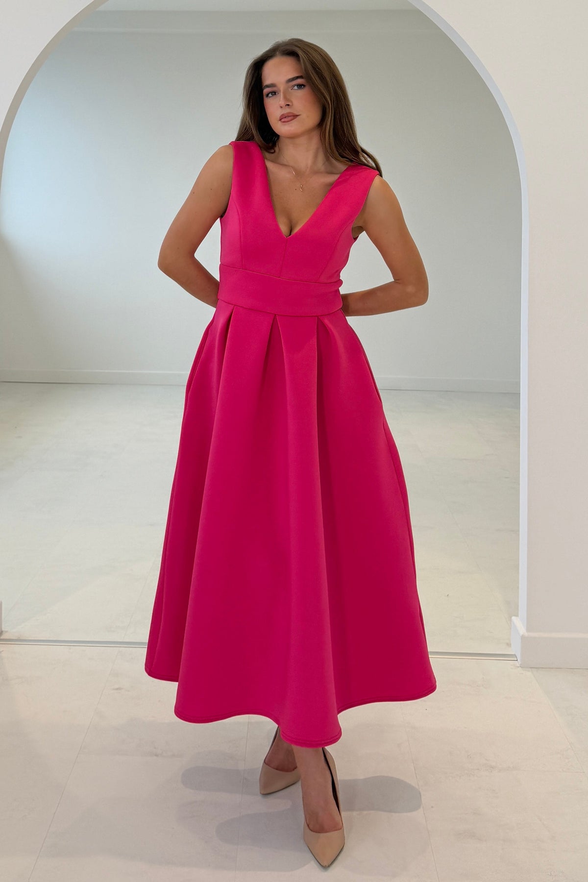 Bethany V Neck Skater Midi Hot Pink