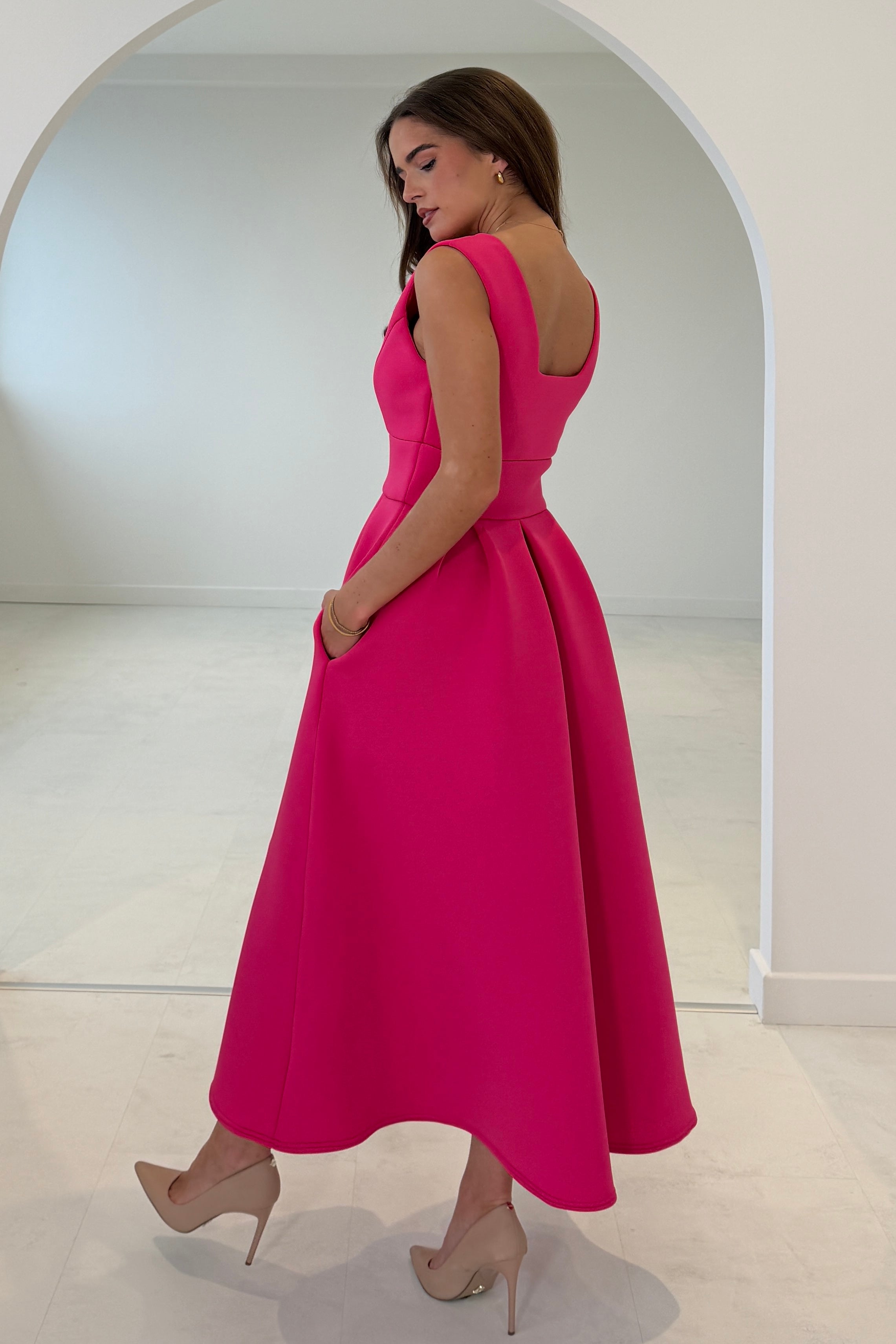 Bethany V Neck Skater Midi Hot Pink