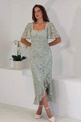 Heidi Lace Ruched Midi Dress Sage
