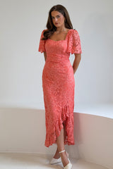 Heidi Lace Ruched Midi Dress Coral
