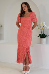 Heidi Lace Ruched Midi Dress Coral