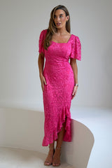 Heidi Lace Ruched Midi Dress Pink