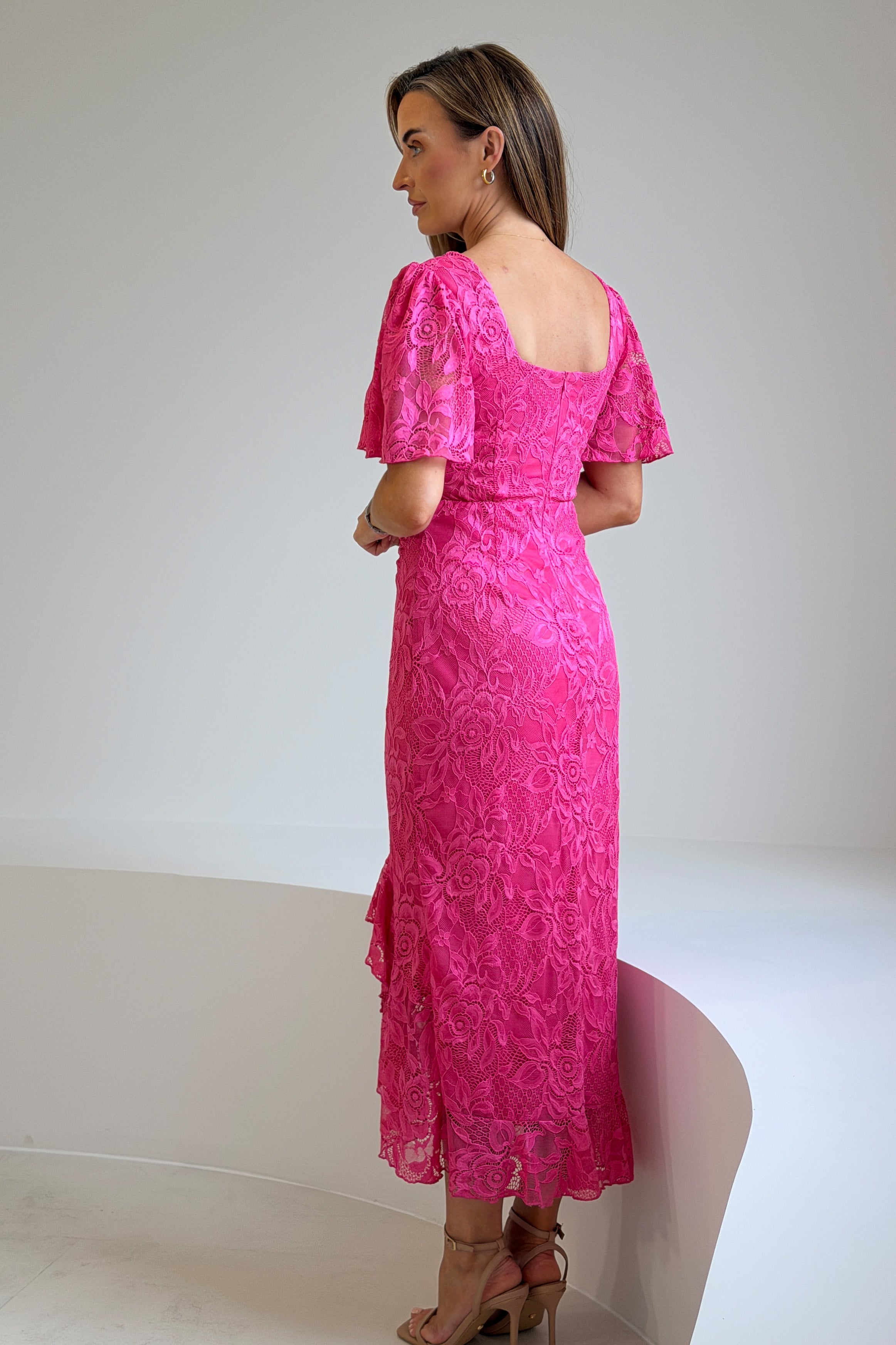 Heidi Lace Ruched Midi Dress Pink