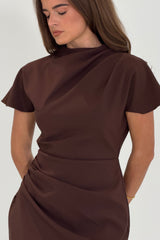 Kiya Pleated Wrap Over Mini Dress Chocolate