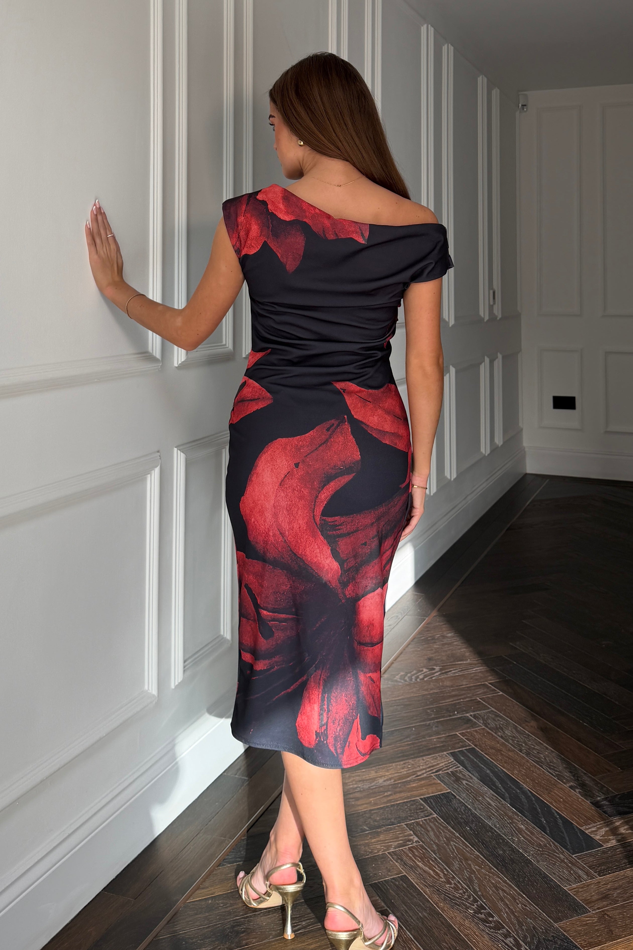Ariana Asymmetric Neckline Midi Dress Black Red