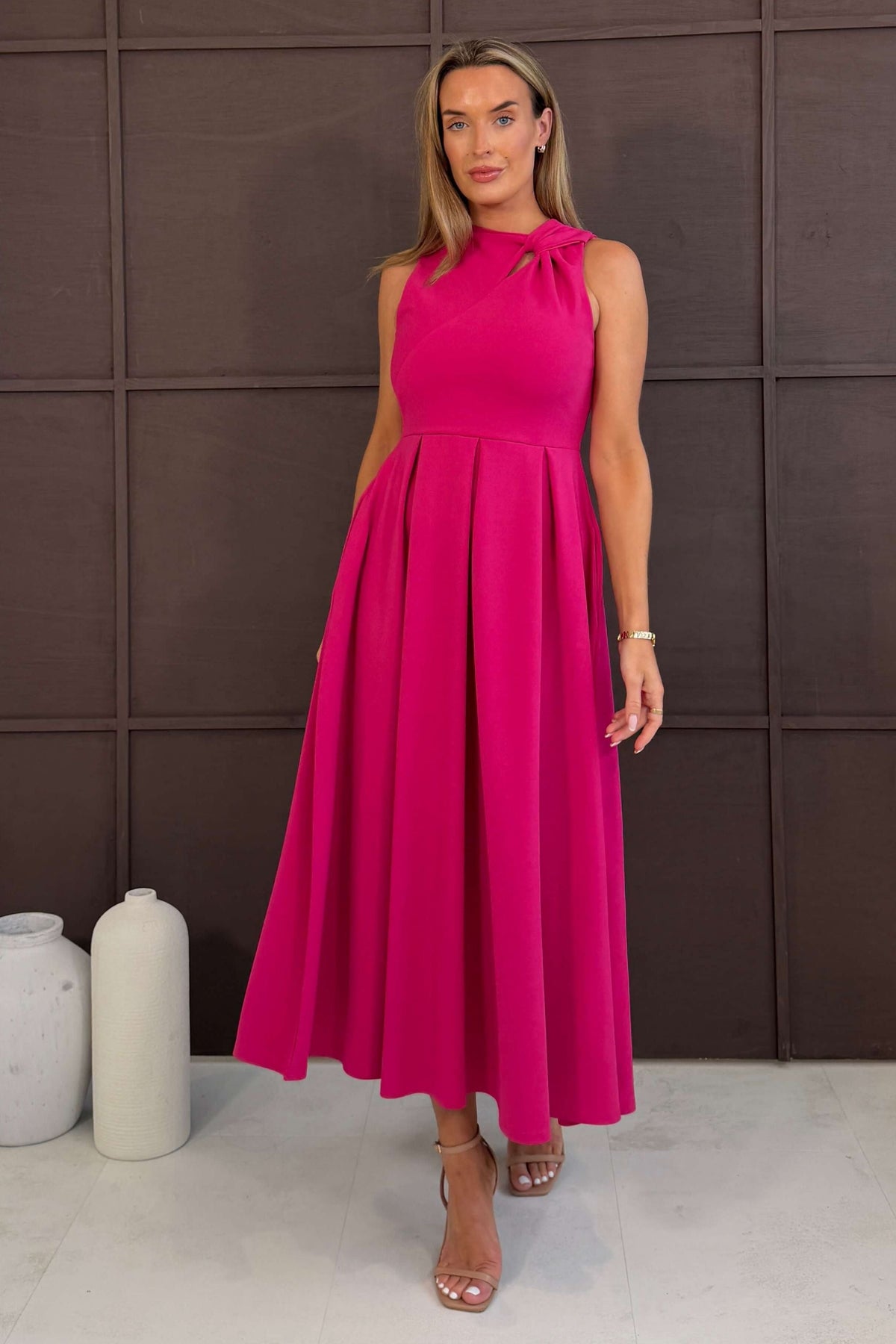Anastasia Knot Detail Midi Dress Hot Pink