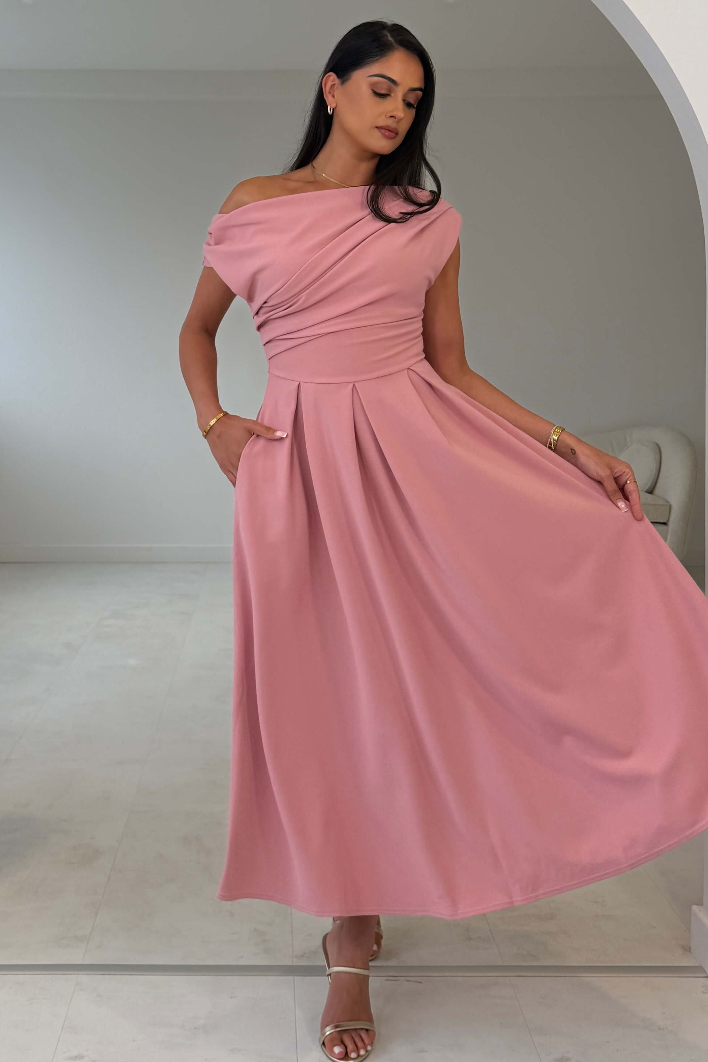 Dollie Asymmetric Neckline Skater Midi Dress Rose