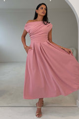Dollie Asymmetric Neckline Skater Midi Dress Rose