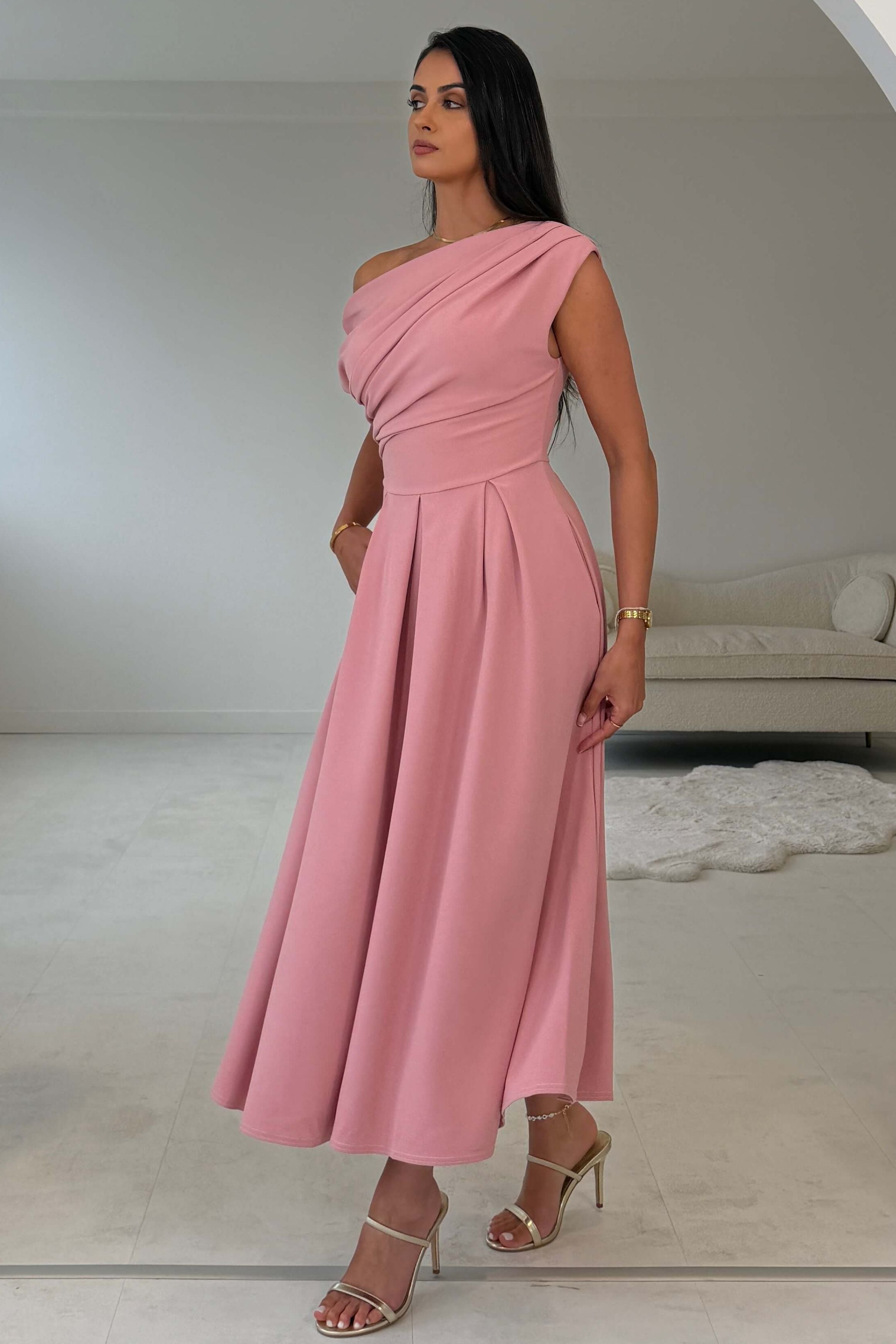 Dollie Asymmetric Neckline Skater Midi Dress Rose