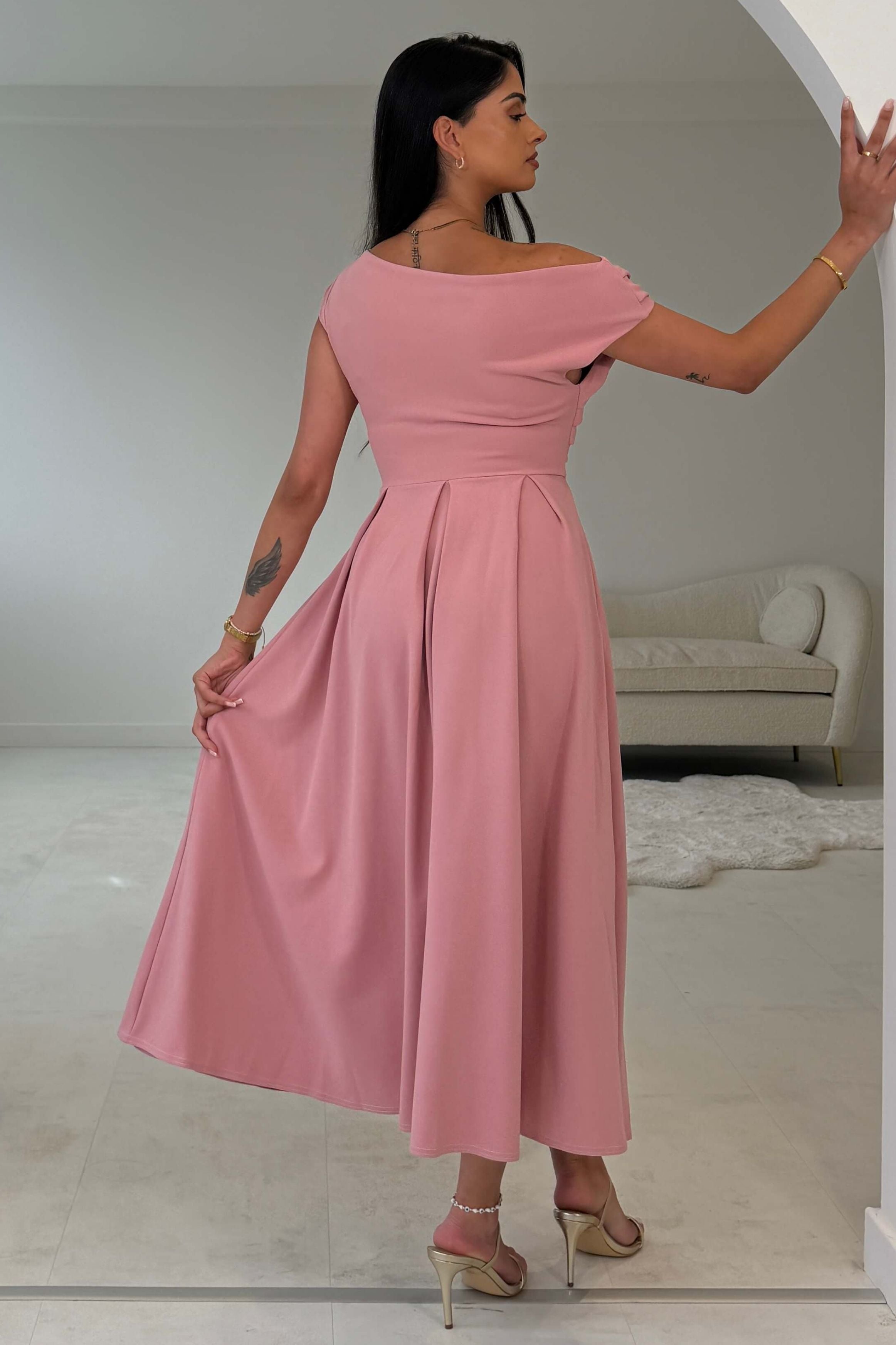 Dollie Asymmetric Neckline Skater Midi Dress Rose