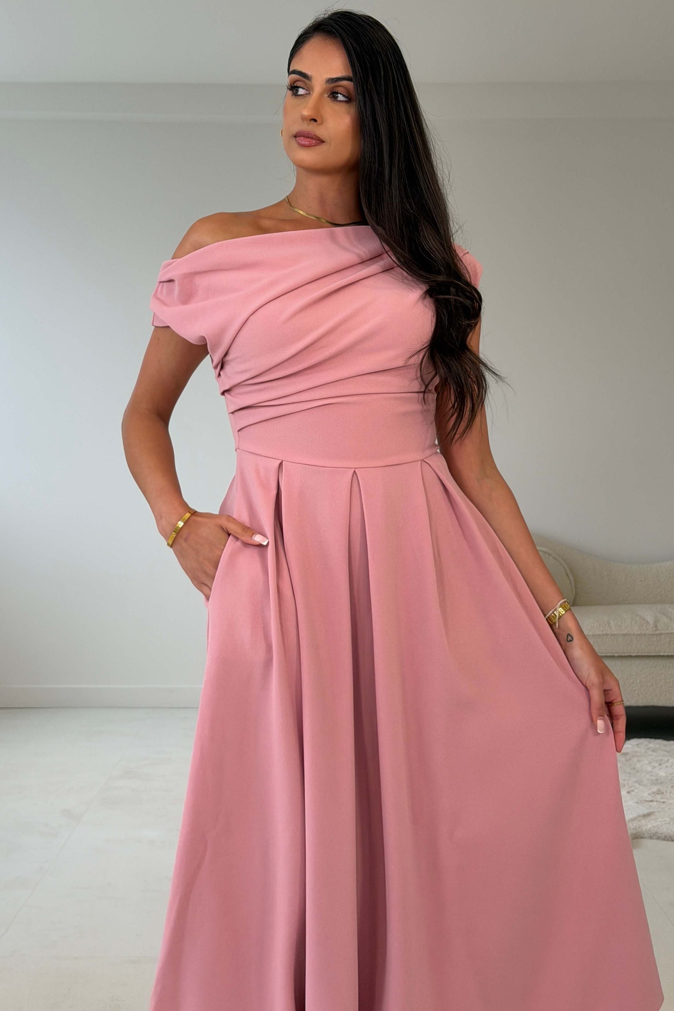 Dollie Asymmetric Neckline Skater Midi Dress Rose