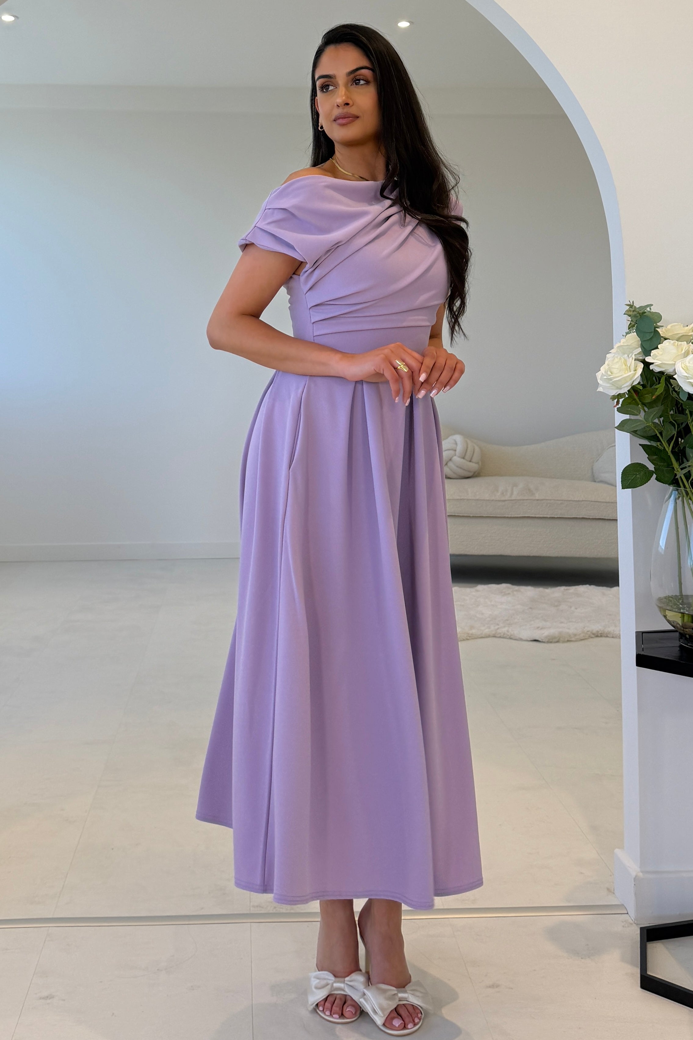 Dollie Asymmetric Neckline Skater Midi Dress Purple