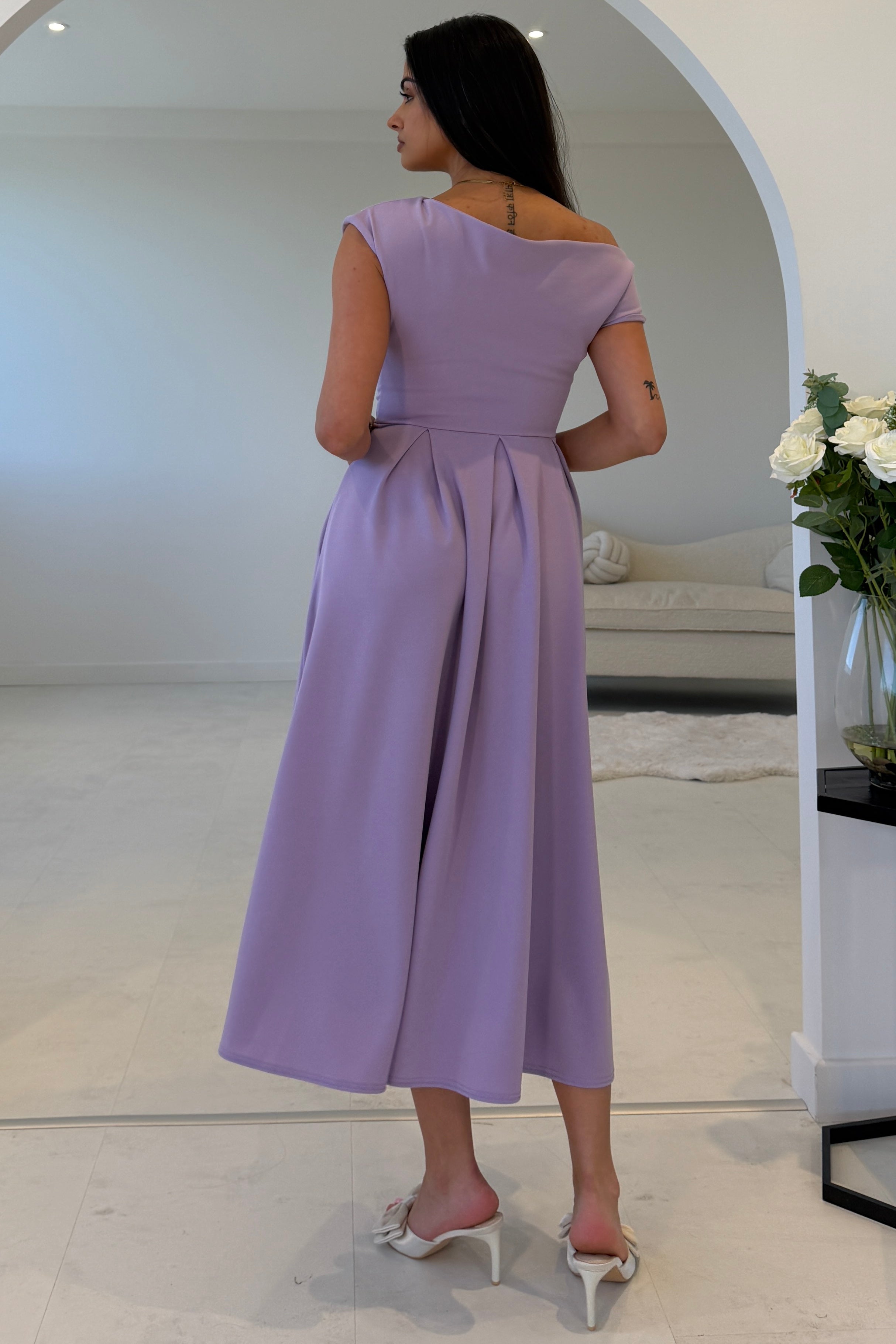 Dollie Asymmetric Neckline Skater Midi Dress Purple