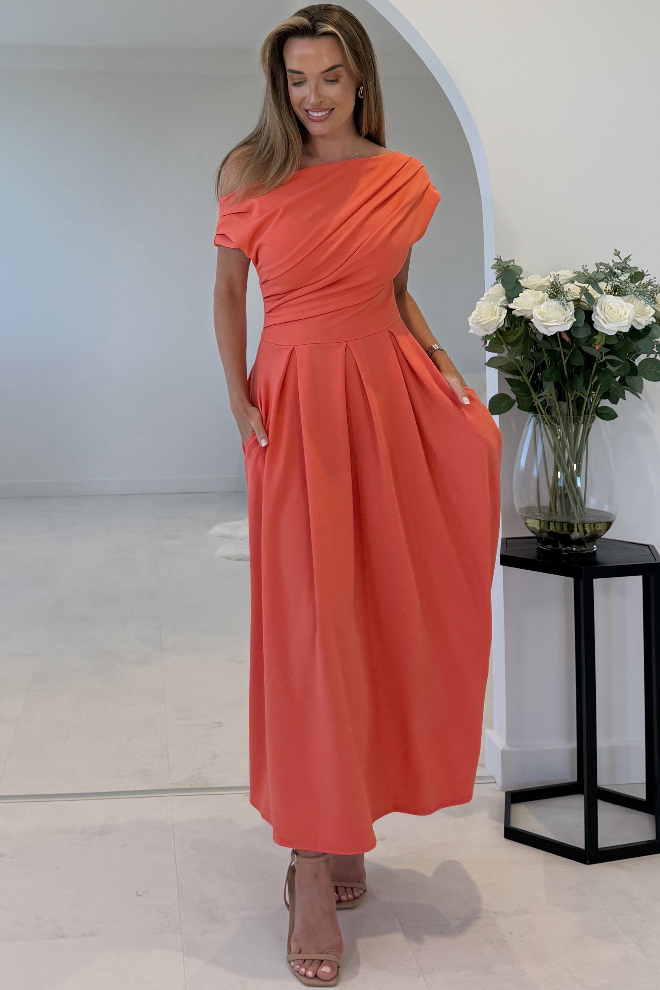 Dollie Asymmetric Neckline Skater Midi Dress Peach Coral
