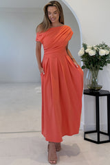 Dollie Asymmetric Neckline Skater Midi Dress Peach Coral