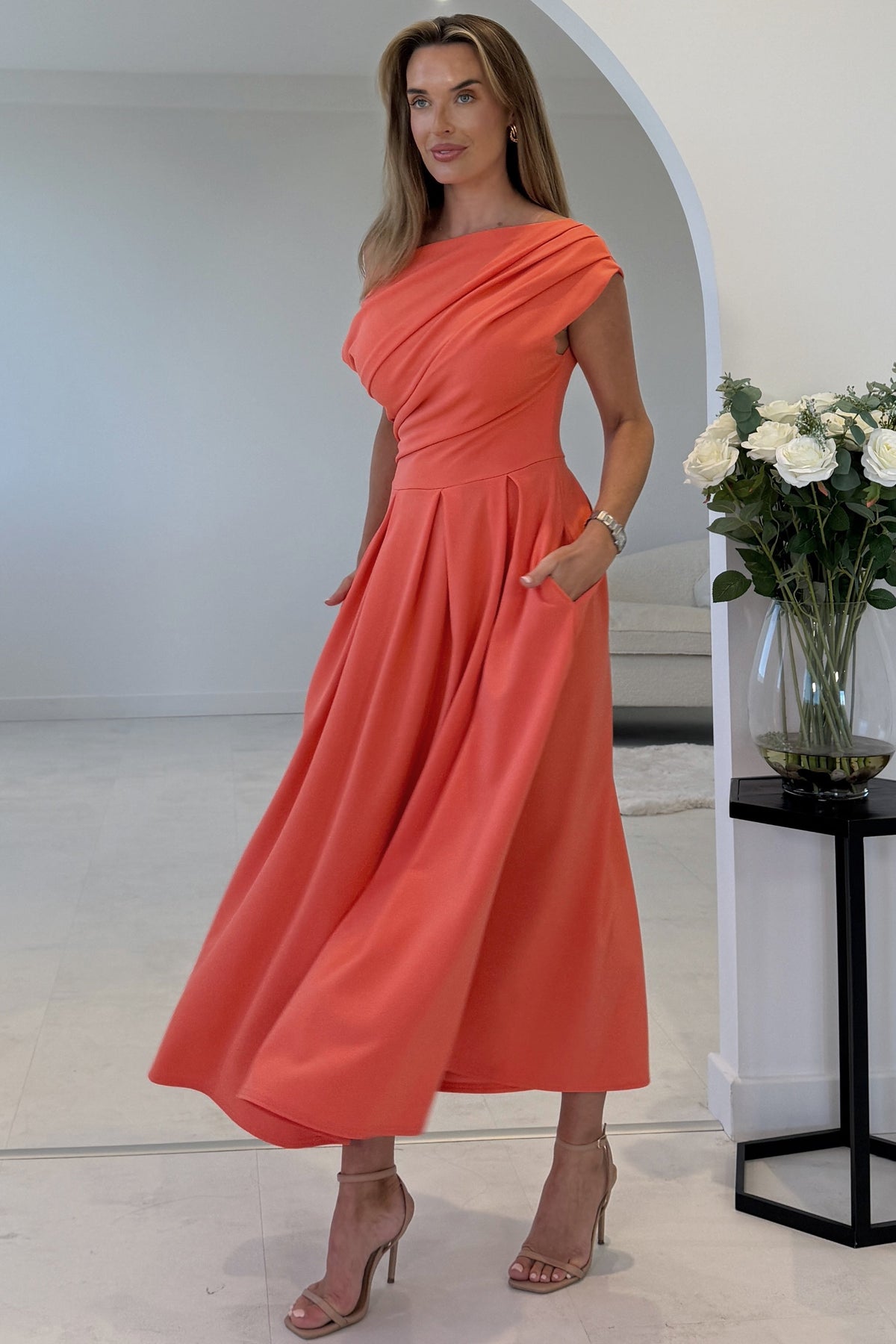 Dollie Asymmetric Neckline Skater Midi Dress Peach Coral