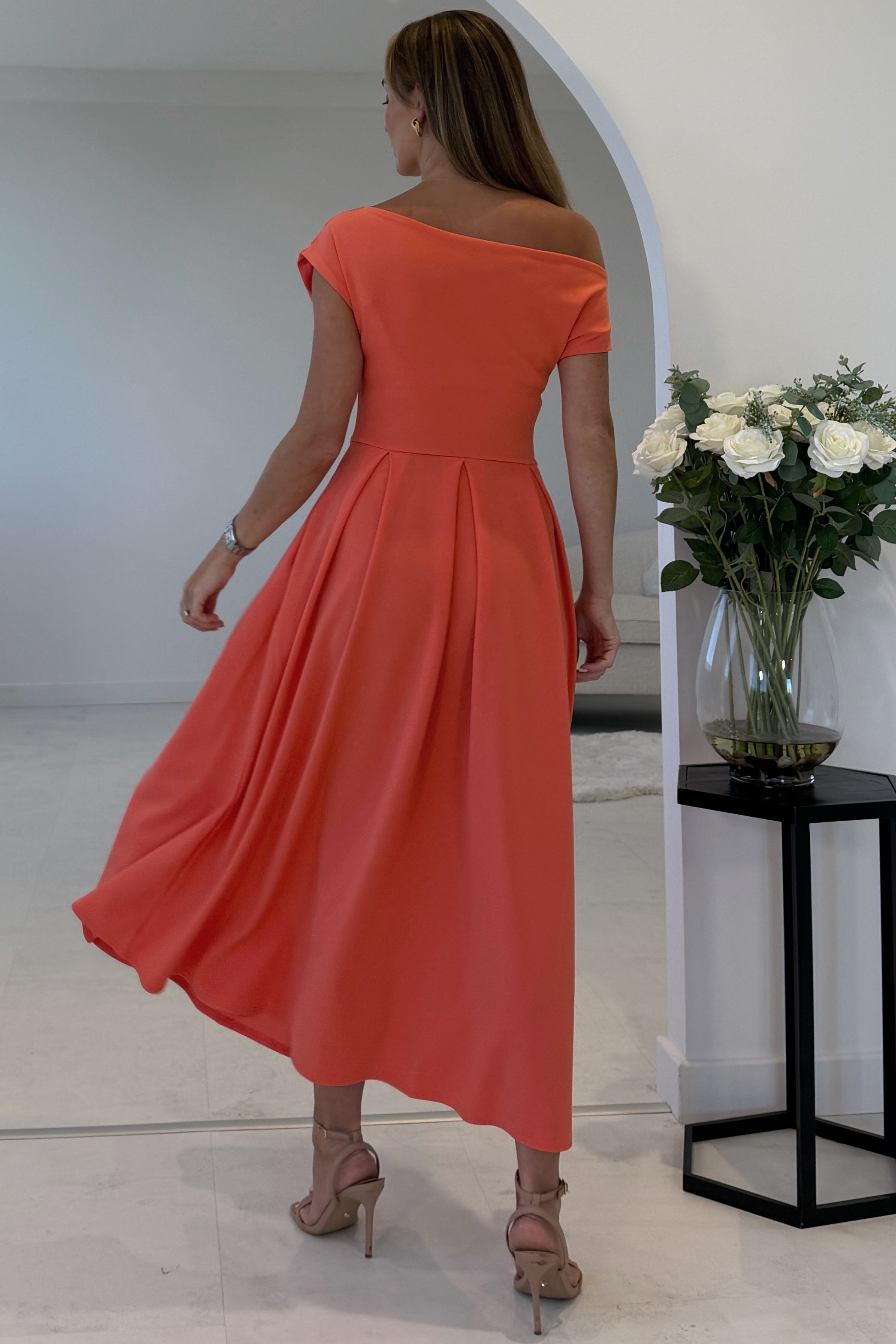 Dollie Asymmetric Neckline Skater Midi Dress Peach Coral
