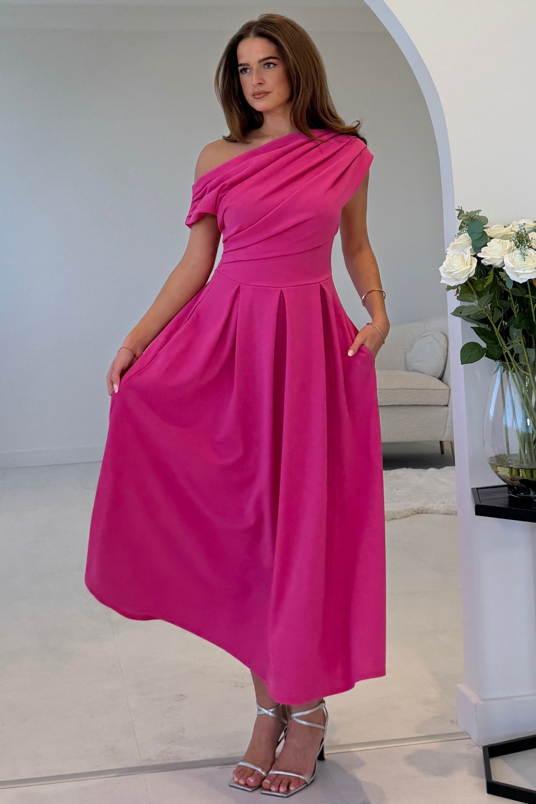 Dollie Asymmetric Neckline Skater Midi Dress Pink