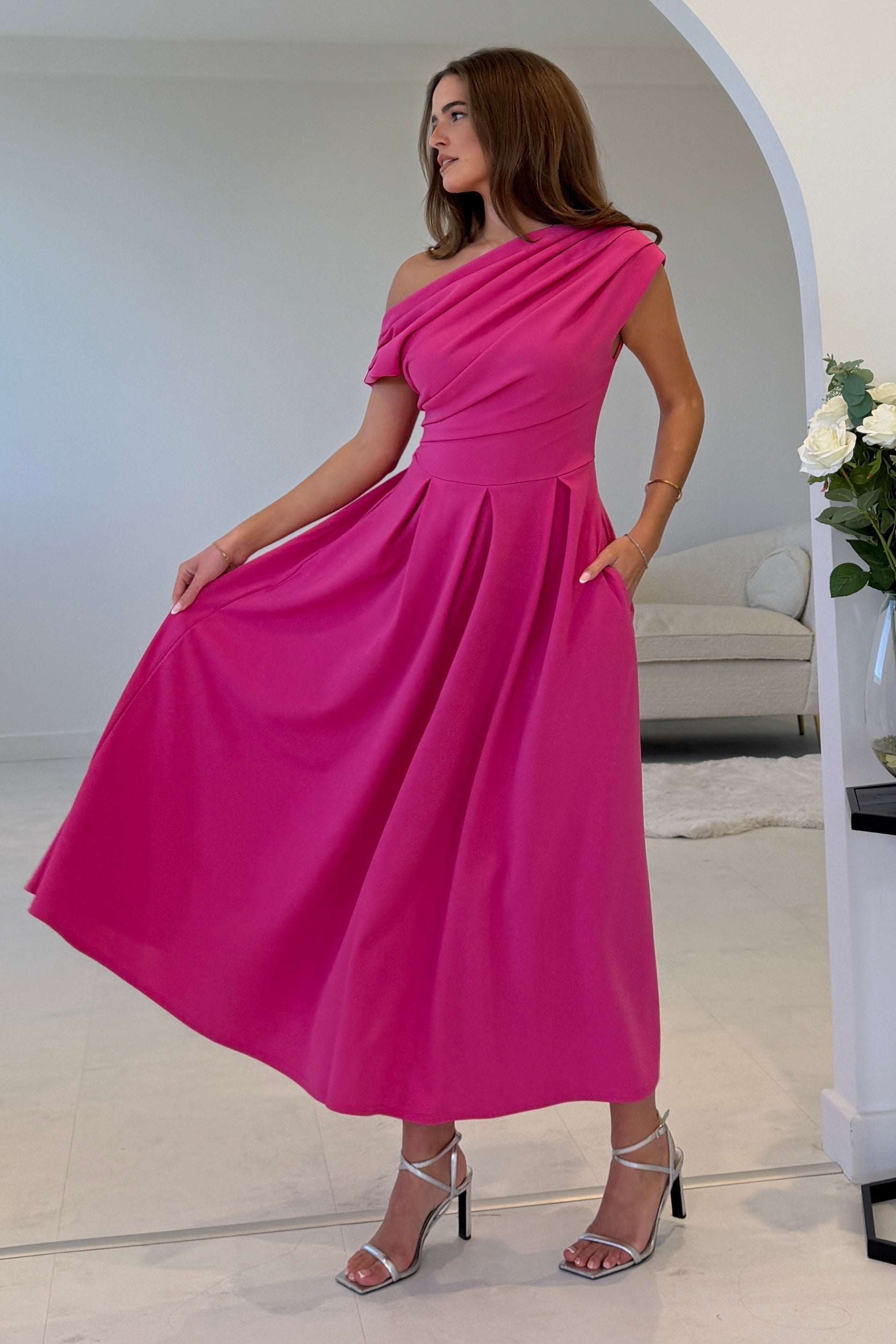 Dollie Asymmetric Neckline Skater Midi Dress Pink