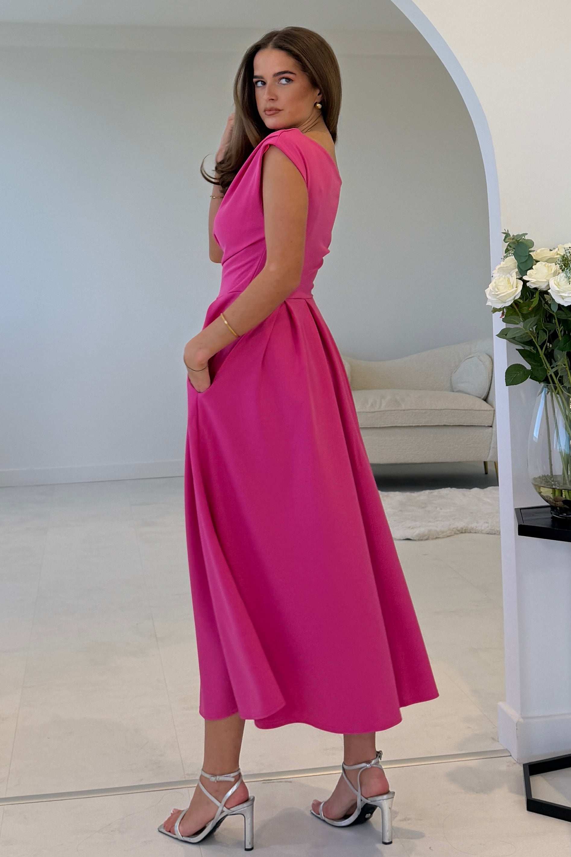 Dollie Asymmetric Neckline Skater Midi Dress Pink