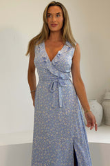 Kiki floral Split Maxi Dress Blue