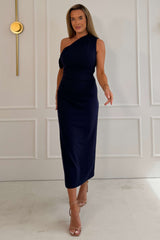 Donna Asymmetric Neckline Midi Dress Navy