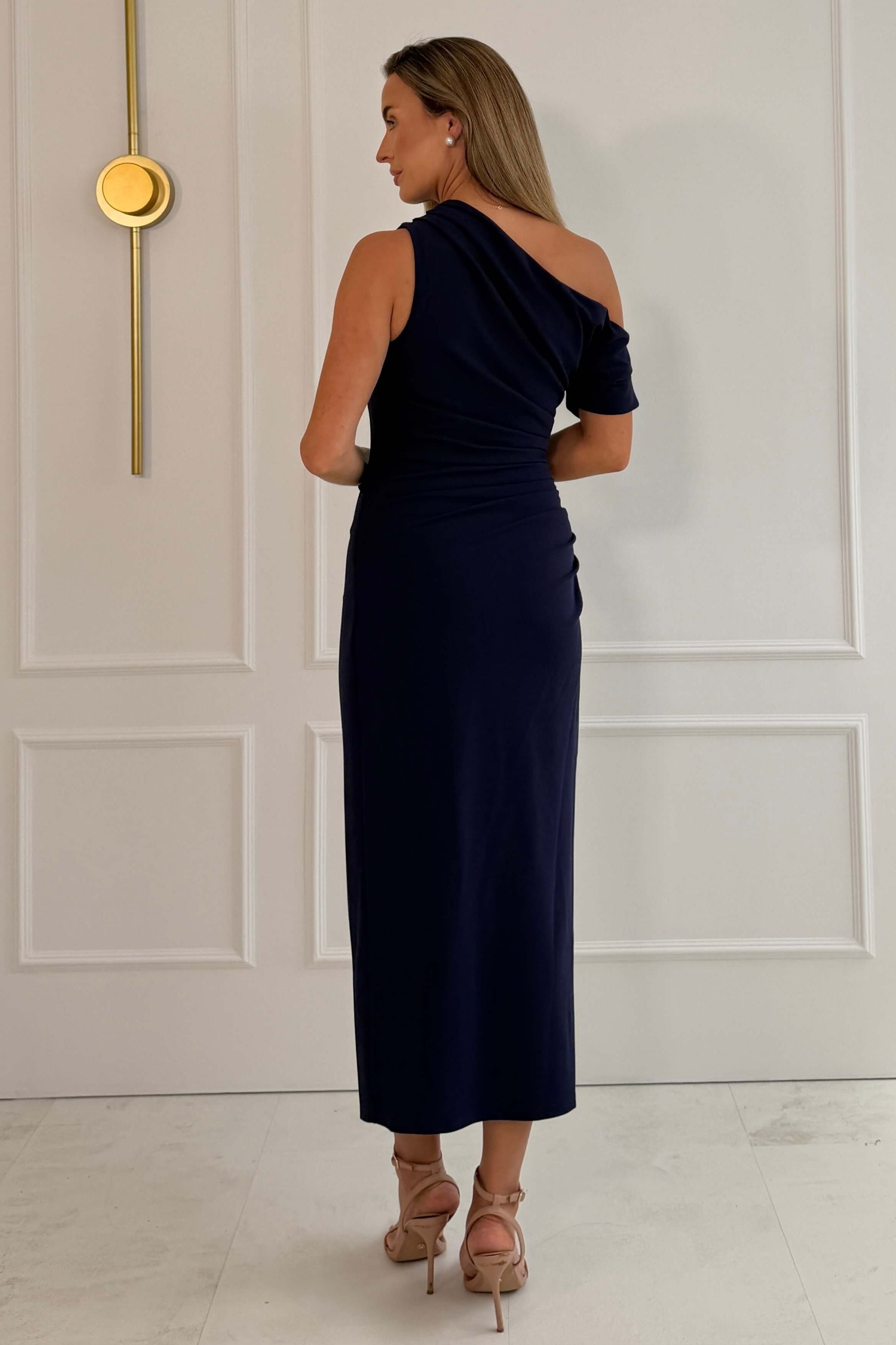 Donna Asymmetric Neckline Midi Dress Navy