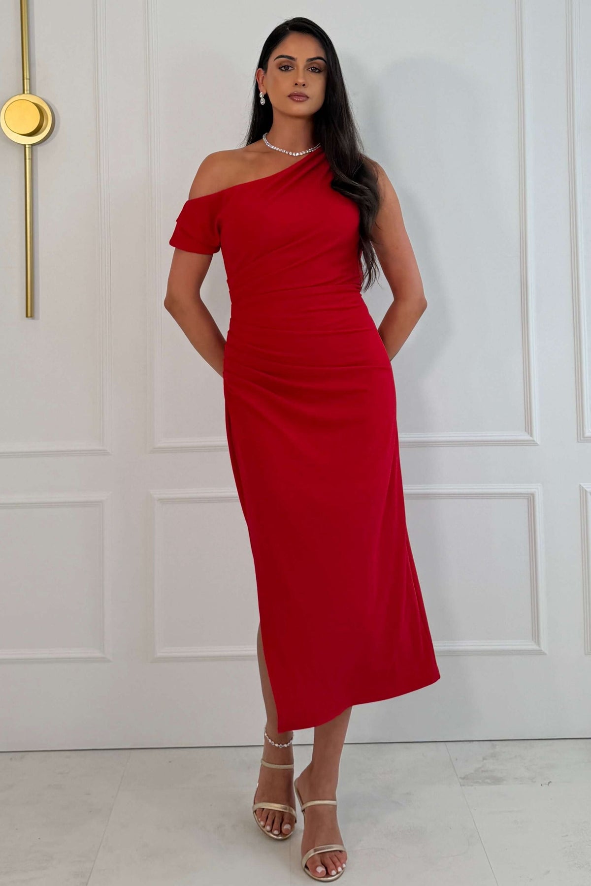 Donna Asymmetric Neckline Midi Dress Red