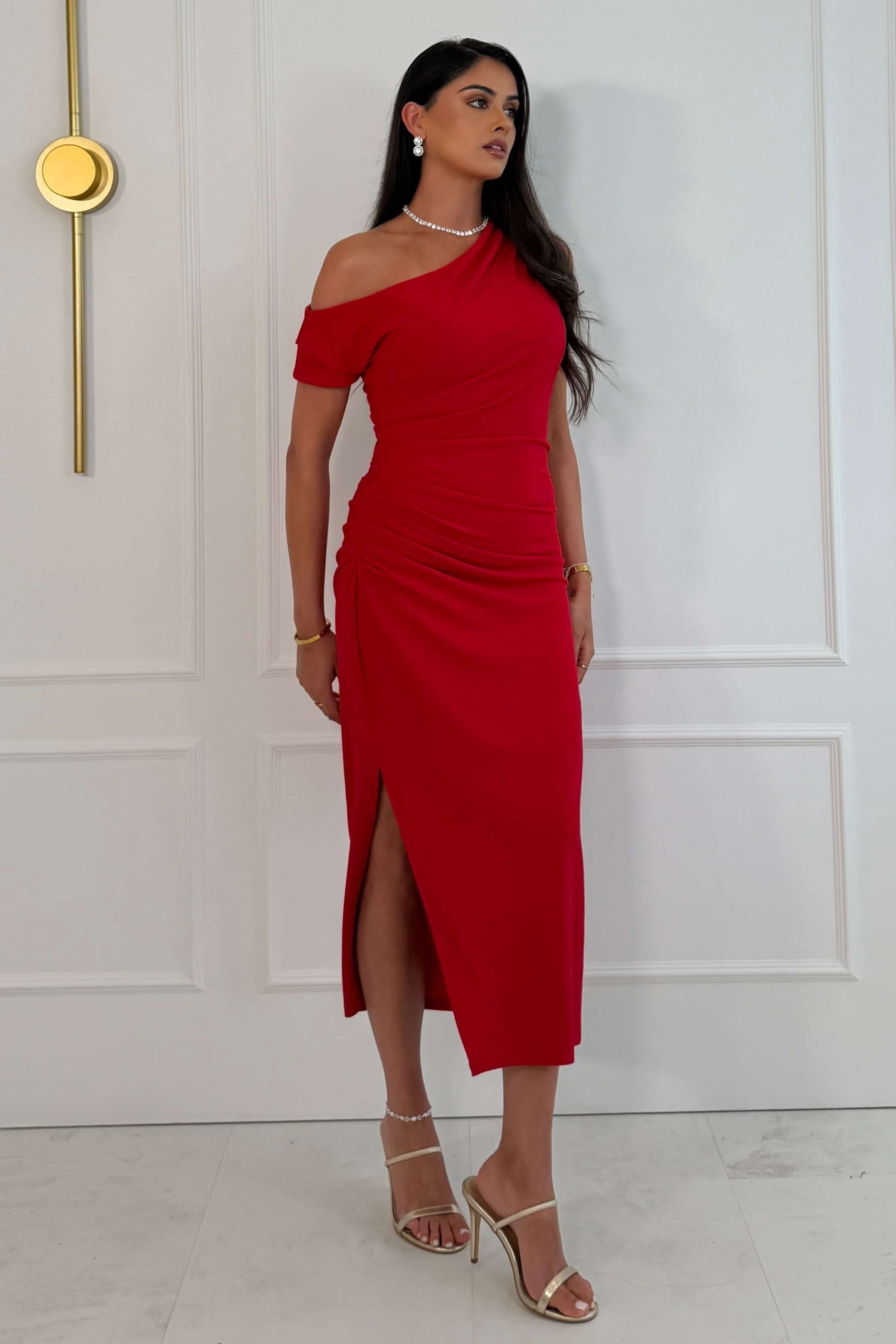 Donna Asymmetric Neckline Midi Dress Red