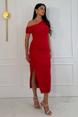 Donna Asymmetric Neckline Midi Dress Red