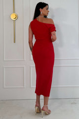 Donna Asymmetric Neckline Midi Dress Red