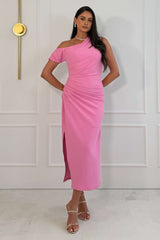 Donna Asymmetric Neckline Midi Dress Light Pink