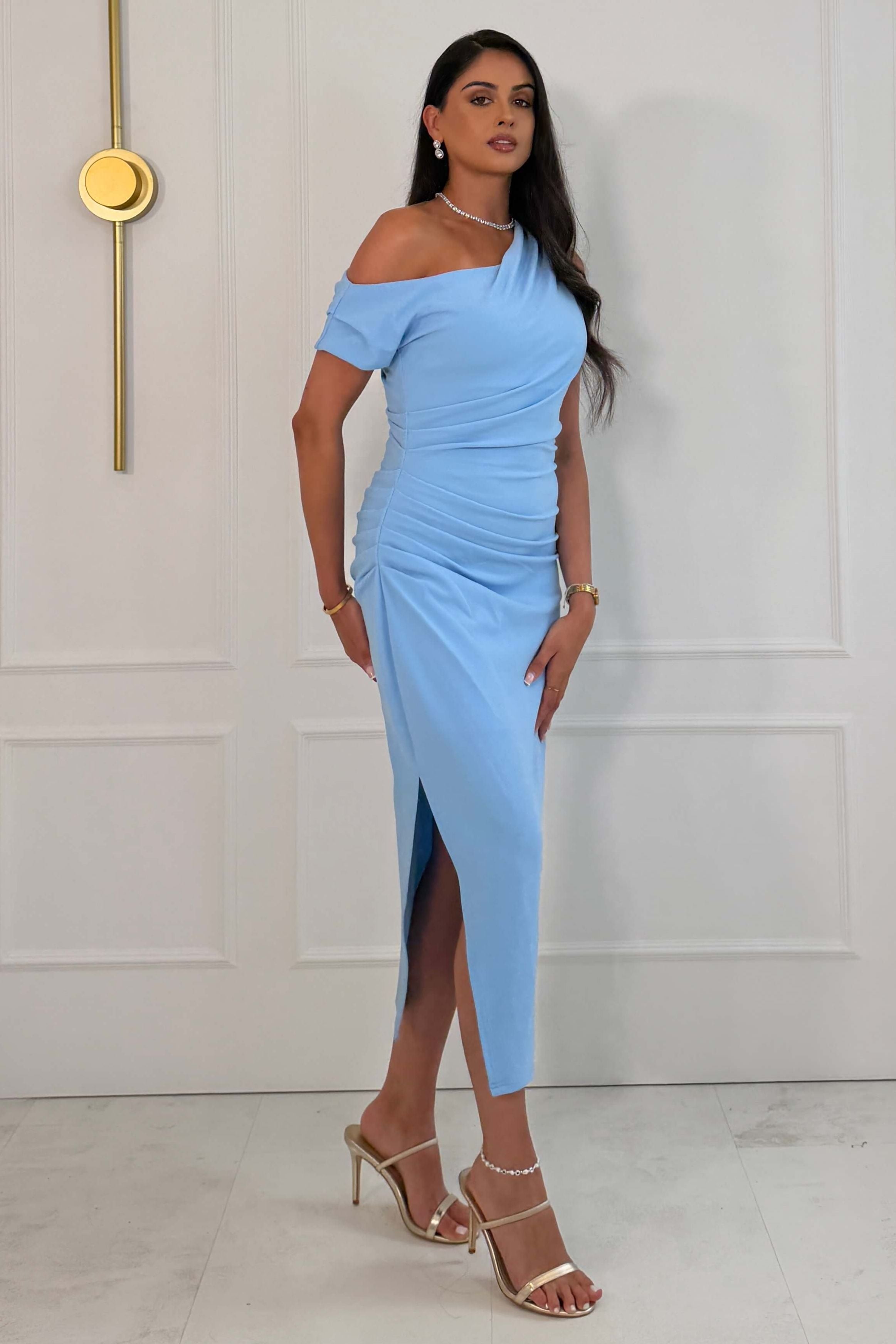 Donna Asymmetric Neckline Midi Dress Sky