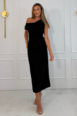 Donna Asymmetric Neckline Midi Dress Black