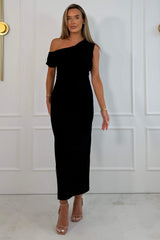Donna Asymmetric Neckline Midi Dress Black