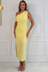Donna Asymmetric Neckline Midi Dress Yellow