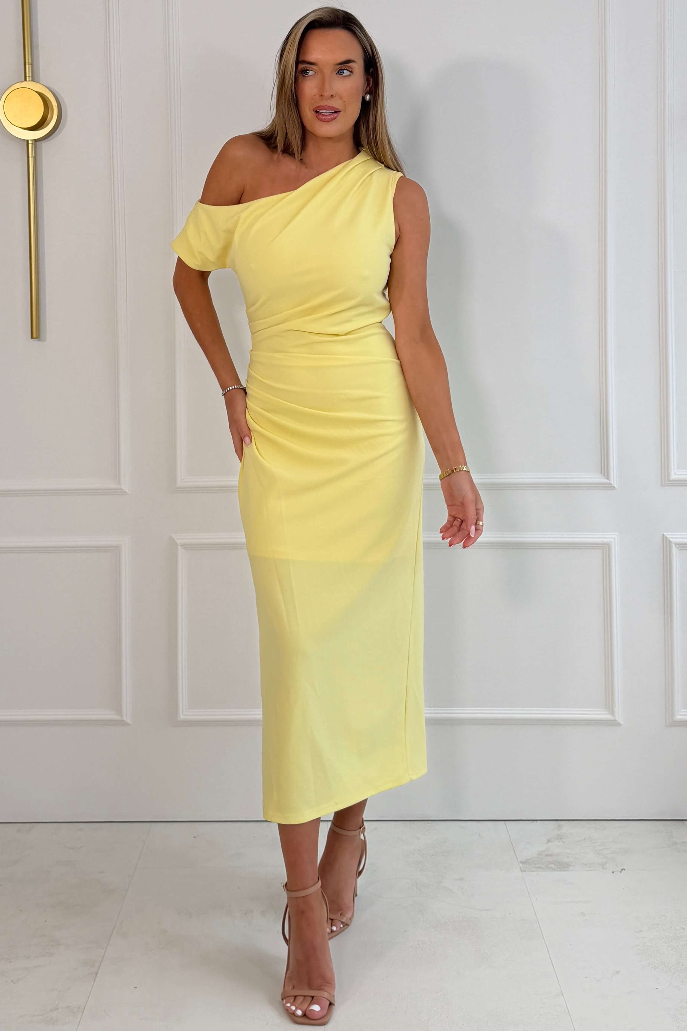 Donna Asymmetric Neckline Midi Dress Yellow