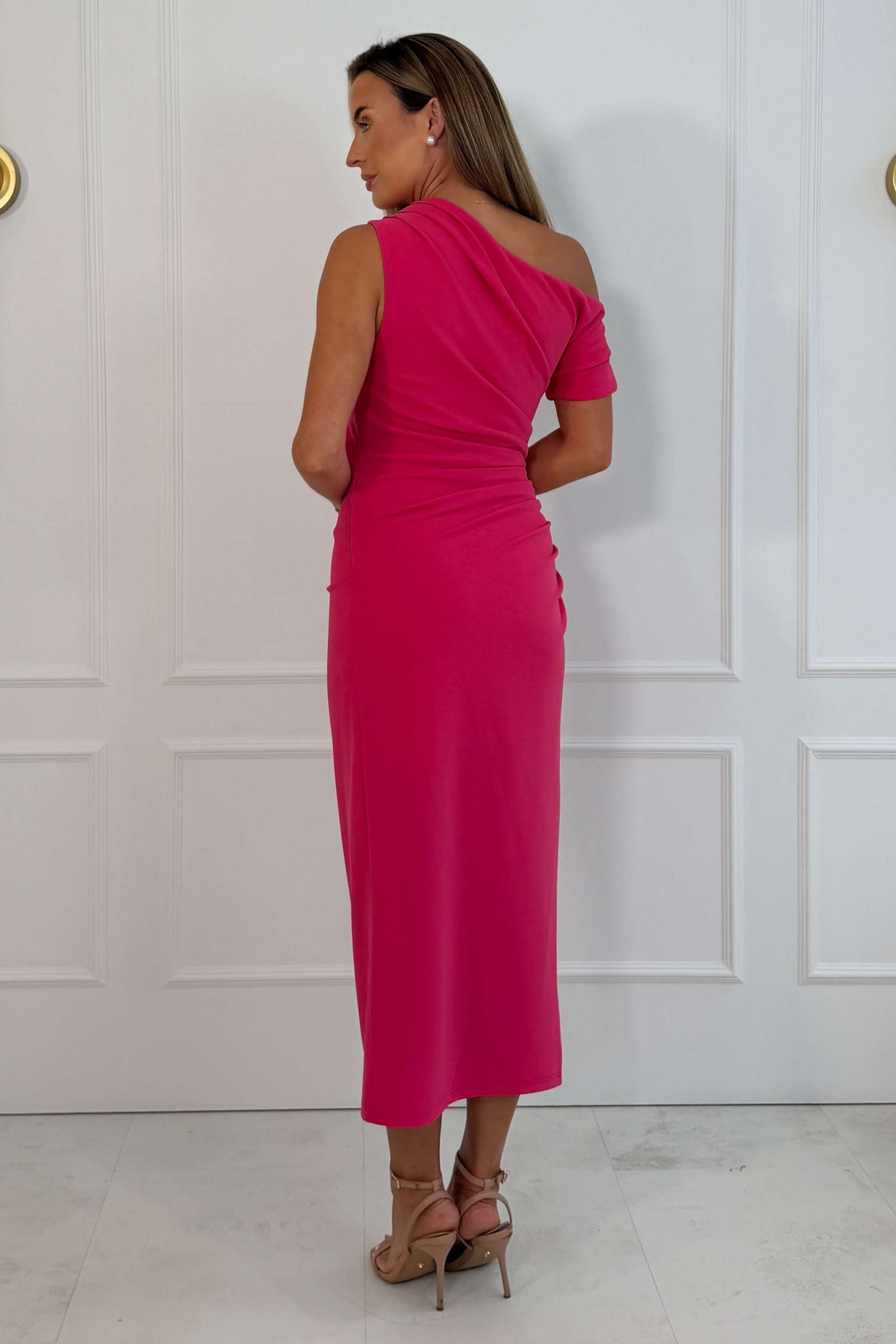 Donna Asymmetric Neckline Midi Dress Hot Pink