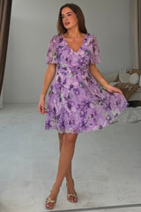 Kristie Floral Print V-Neck Mini Dress Purple