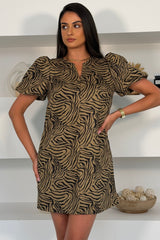 Kiri Zebra Puff Sleeve Mini Dress Khaki