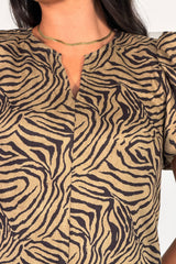 Kiri Zebra Puff Sleeve Mini Dress Khaki