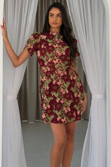 Ami Corded Lace Tulip Sleeve Mini Dress Burgundy