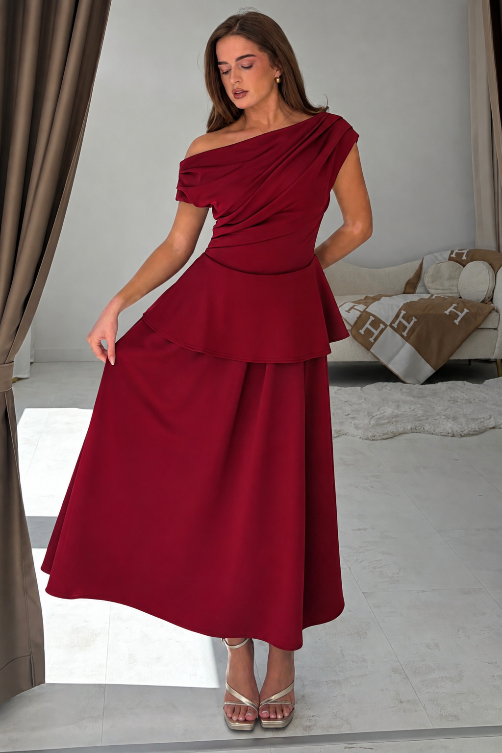 Connie Peplum Midi Dress Burgundy