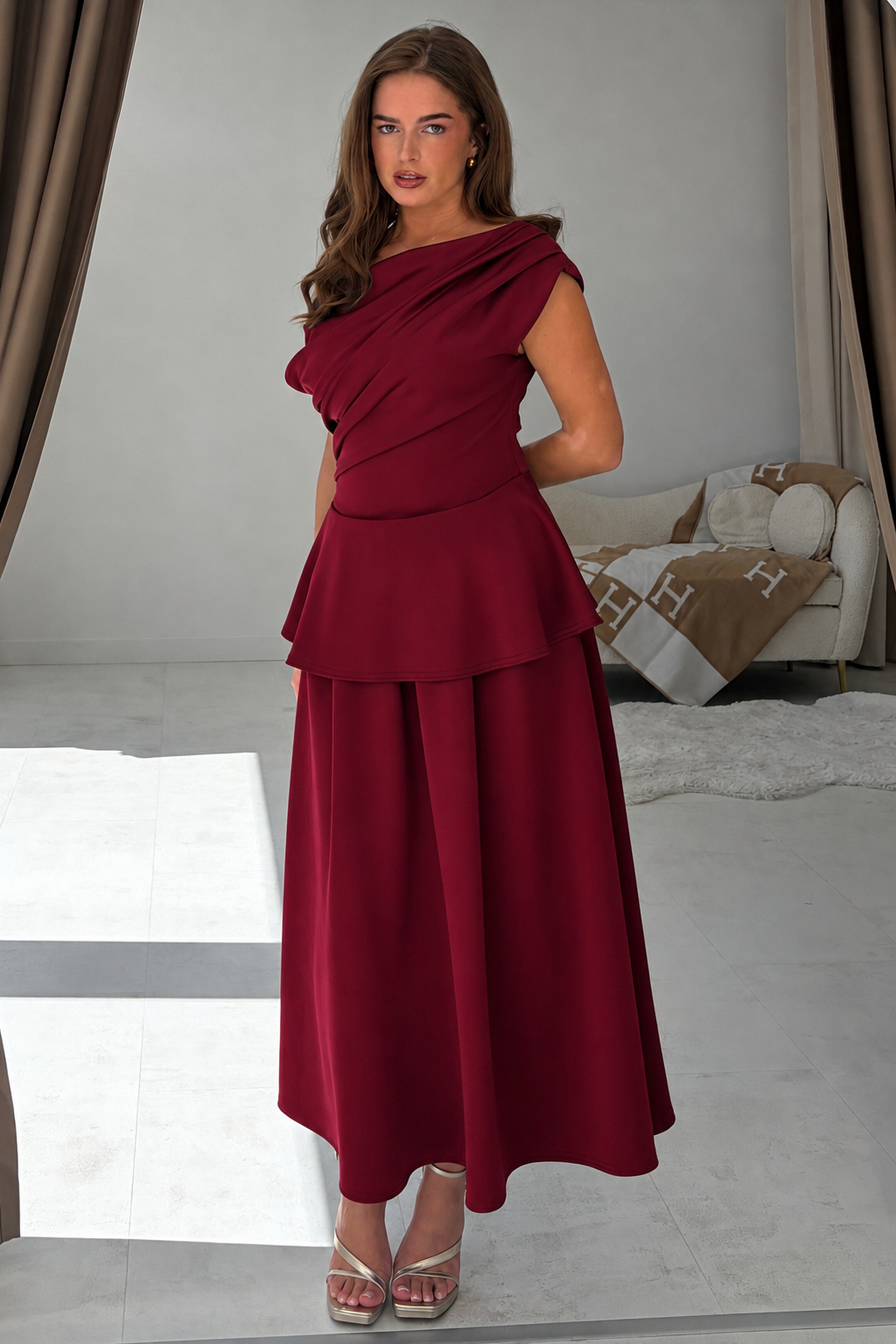 Connie Peplum Midi Dress Burgundy