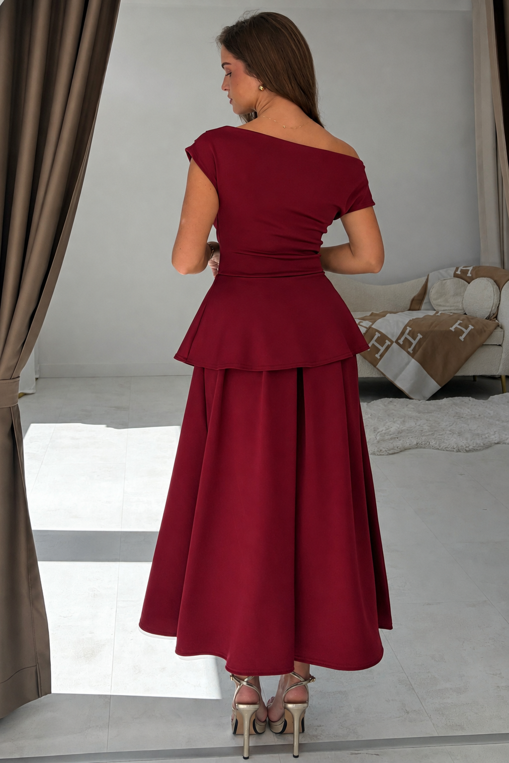 Connie Peplum Midi Dress Burgundy