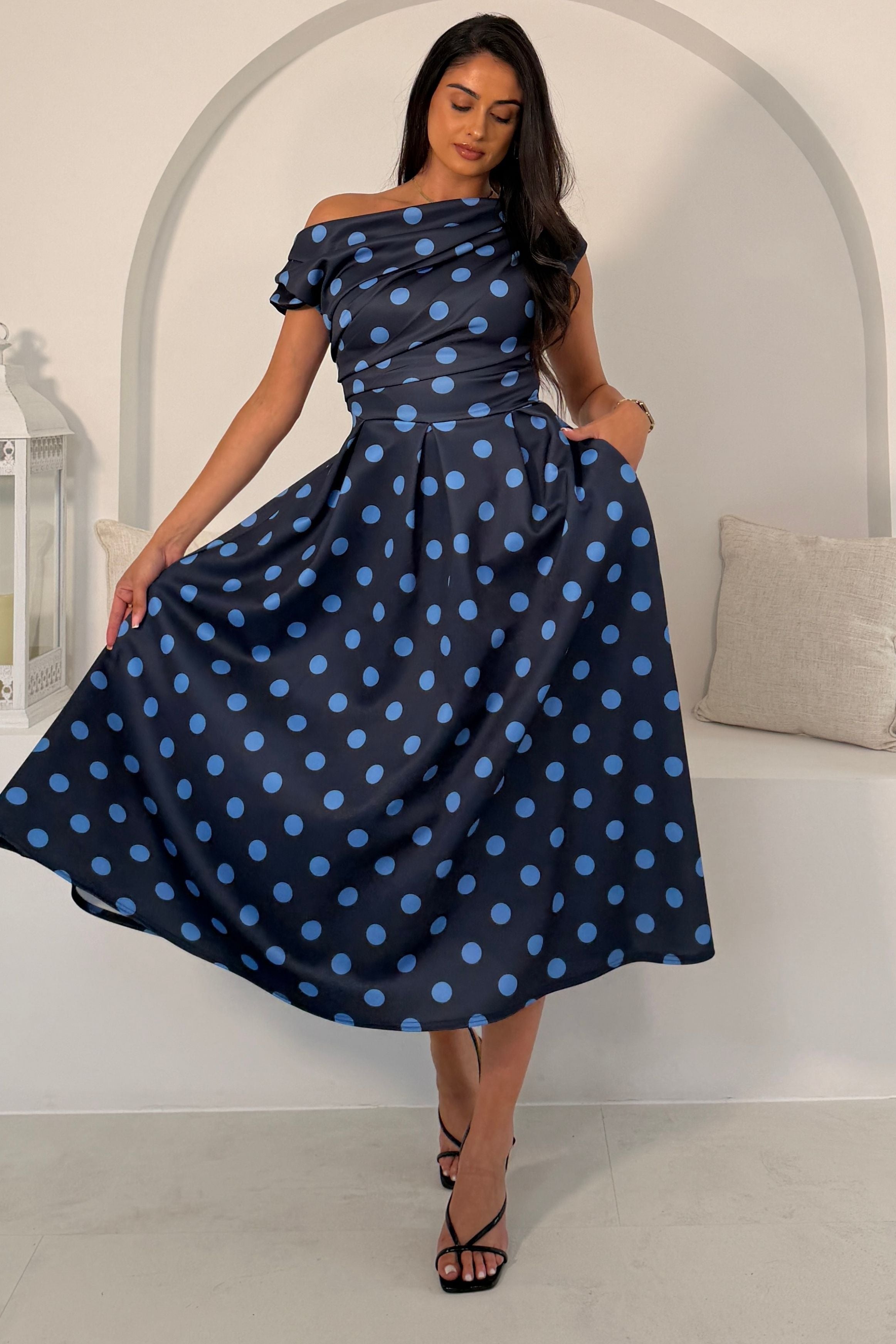 Betty Asymmetric Neckline Skater Midi Navy Polka
