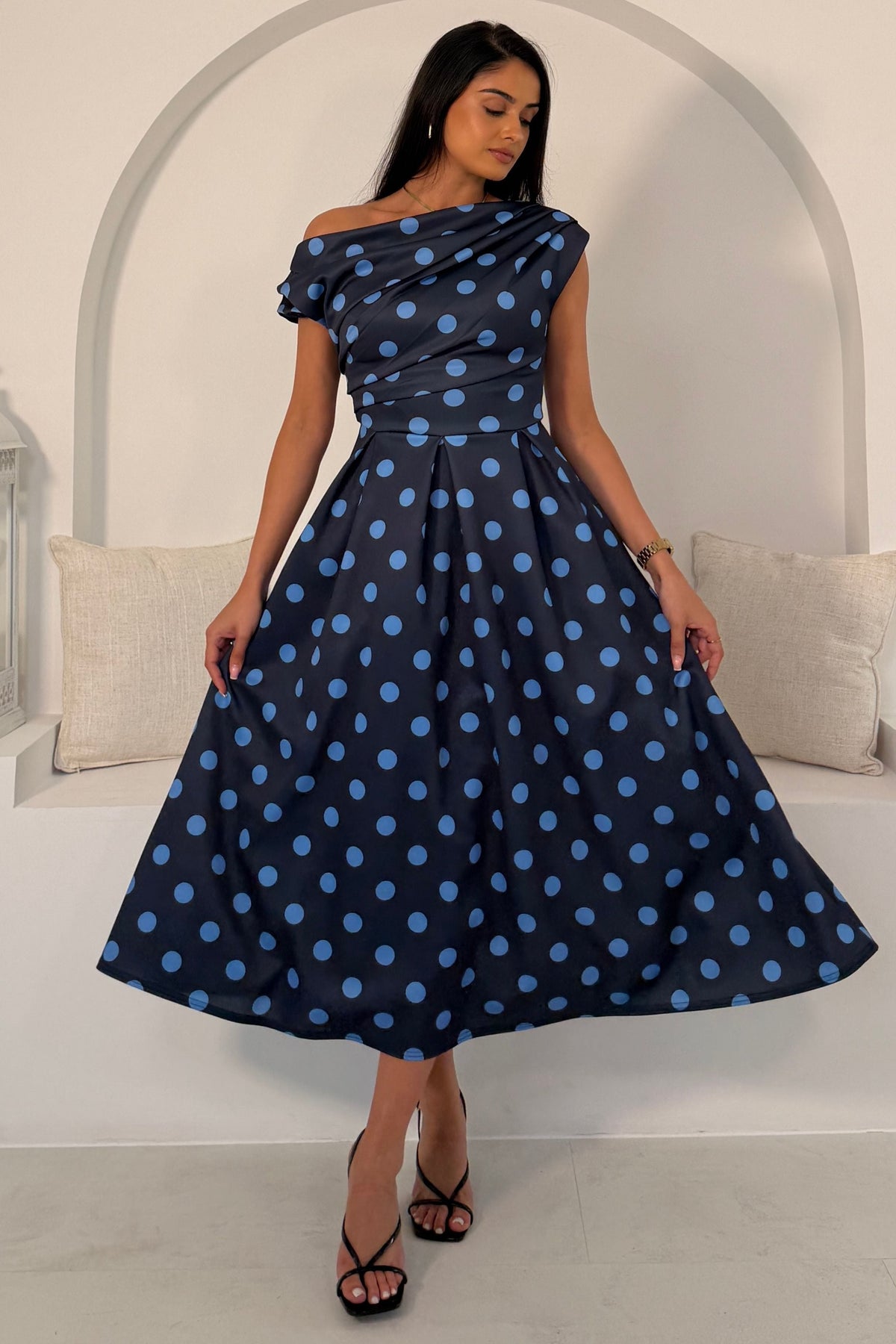 Betty Asymmetric Neckline Skater Midi Navy Polka