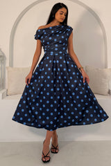 Betty Asymmetric Neckline Skater Midi Navy Polka