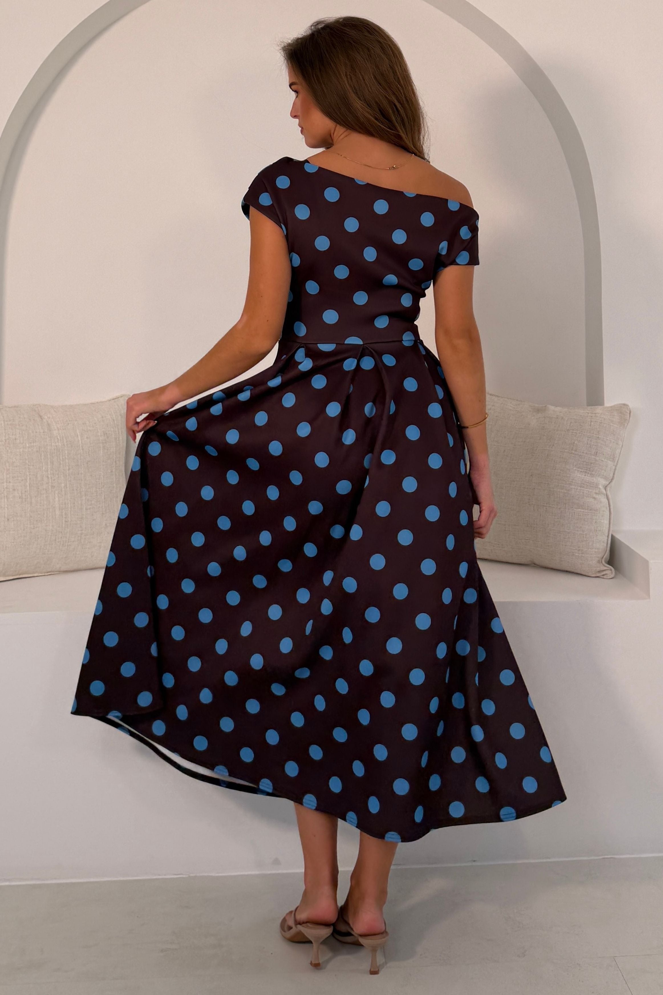 Betty Asymmetric Neckline Skater Midi Brown Polka