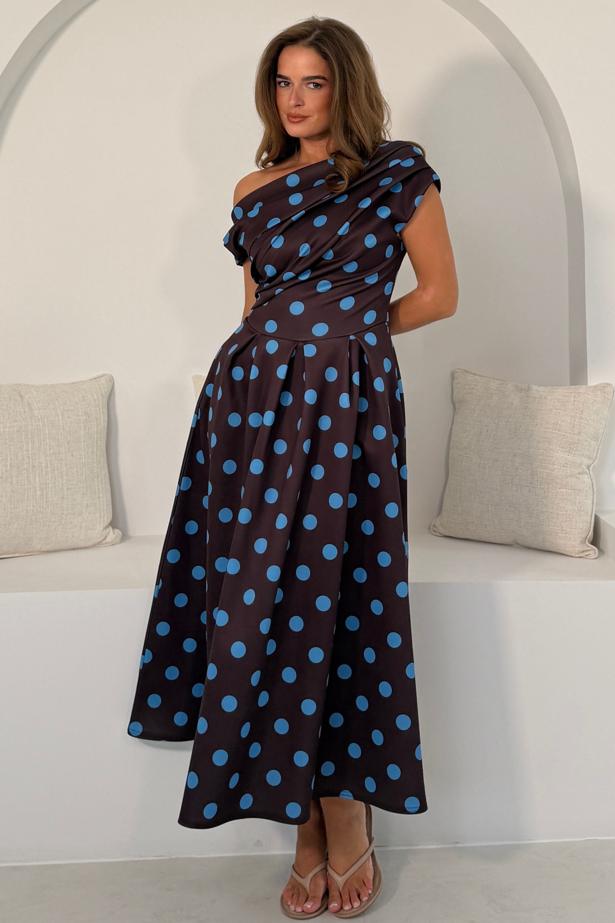 Betty Asymmetric Neckline Skater Midi Brown Polka